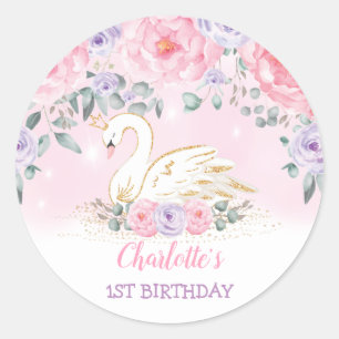 Girly Pink Lavender Swan Princess Birthday Favours Classic Round Sticker