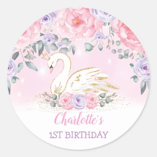 Girly Pink Lavender Swan Princess Birthday Favours Classic Round Sticker (Front)