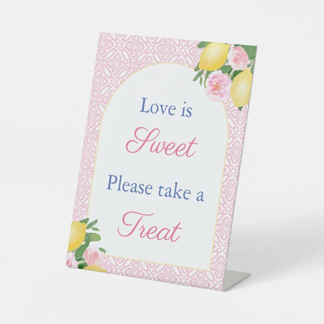 Girly Pink Lemon Take A Treat Bridal Shower Favour Pedestal Sign (Front)