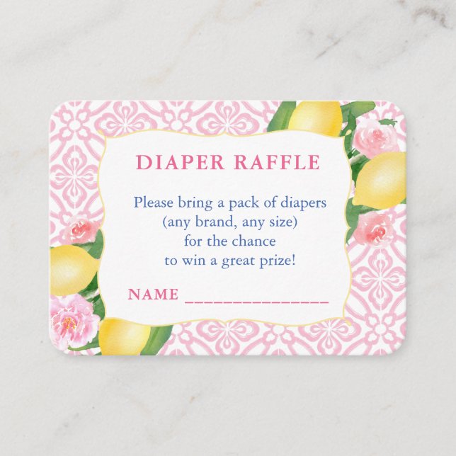 Girly Pink Lemons Baby Shower Diaper Raffle Enclosure Card (Front)