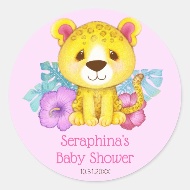 Girly Pink Leopard Baby Shower Classic Round Sticker (Front)