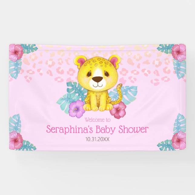 Girly Pink Leopard Baby Shower Welcome Banner (Horizontal)