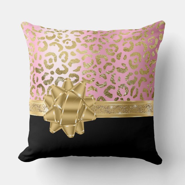 Girly Pink Leopard & Black Gold Bow Ribbon Cushion (Front)