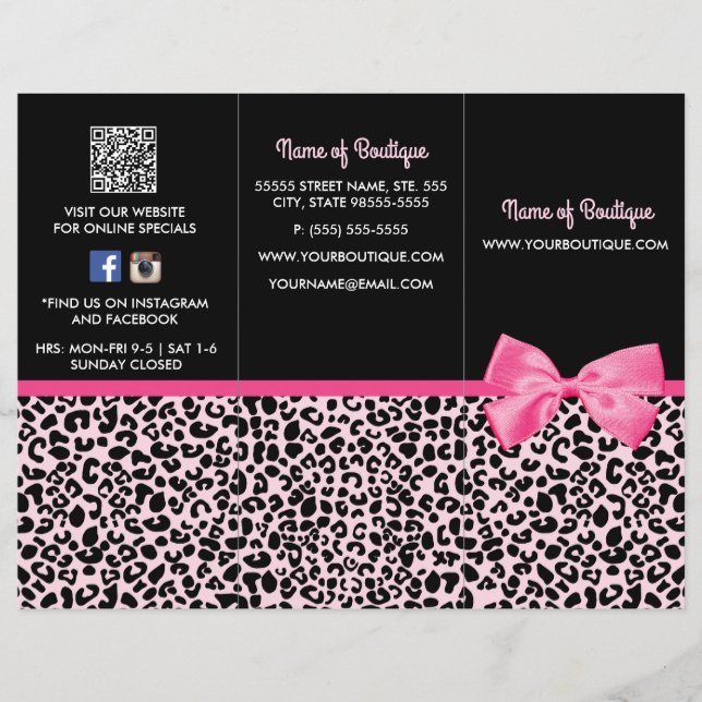 Girly Pink Leopard Print Bow Boutique Brochure (Front)