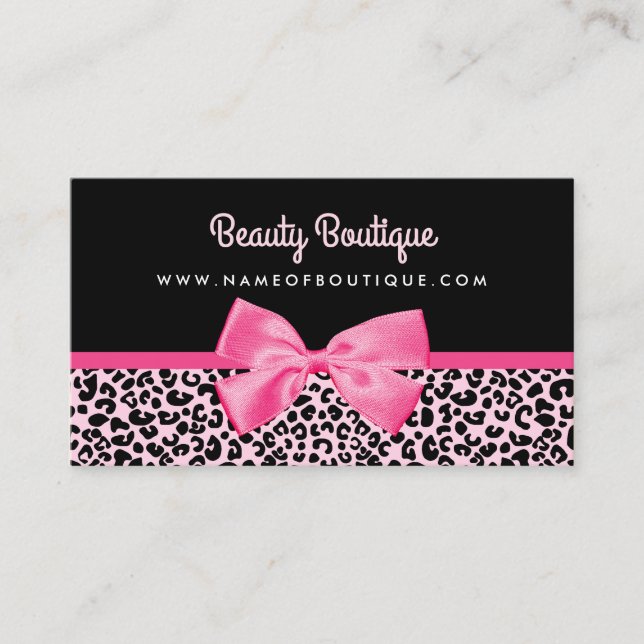 Girly Pink Leopard Print Cute Bow Beauty Boutique Business Card (Front)