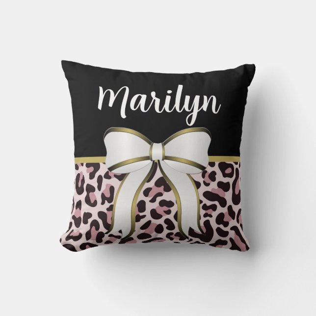 Girly Pink Leopard Print Girly Bow Name Rose Gold Cushion (Front)