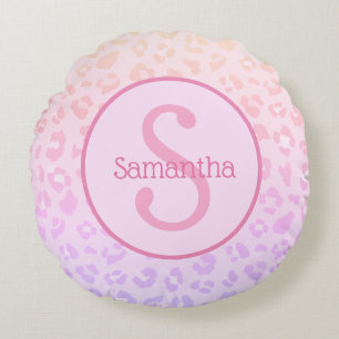 Girly Pink Leopard Print Personalised Monogram Round Cushion