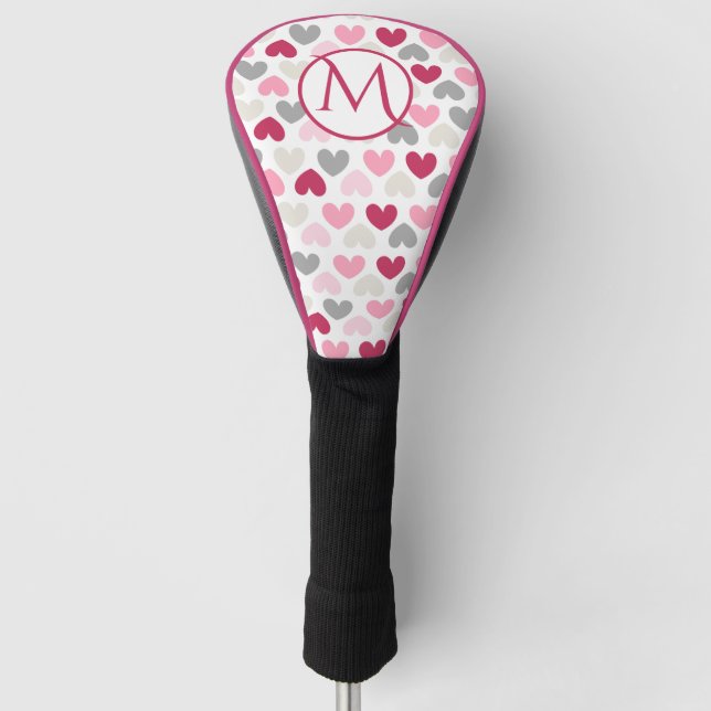 Girly Pink Love Heart Monogram Personalised Golf Head Cover (Front)