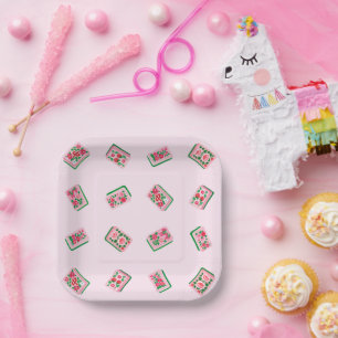 Girly Pink Mahjong Floral tiles Paper Plate