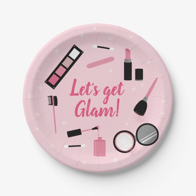 Girly Pink Makeup Glamour Birthday Paper Plate (Front)