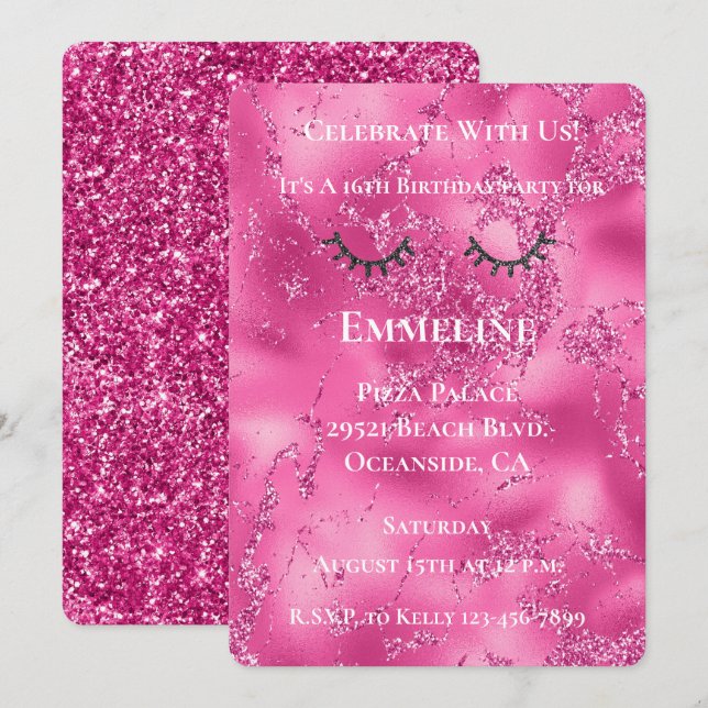 Girly Pink Marble Glitzy Black Glitter Eyelashes  Invitation (Front/Back)