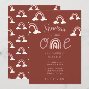 Girly Pink Maroon Rainbow Clouds First Birthday Invitation