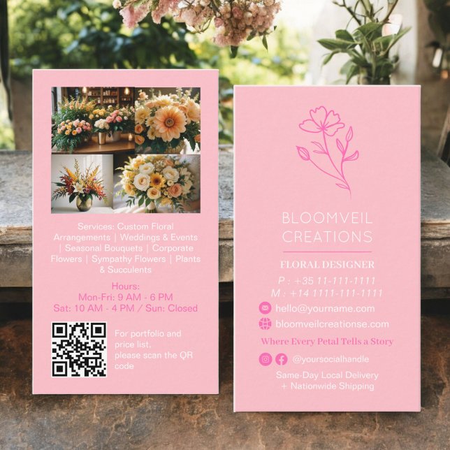 Girly pink minimalist florist photos qr code business card (Girly pink minimalist florist photos qr code business card)