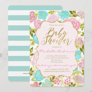 Girly Pink Mint Gold Baby Shower Invitation