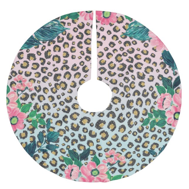 Girly Pink Mint Ombre Floral Glitter Leopard Print Brushed Polyester Tree Skirt (Front)