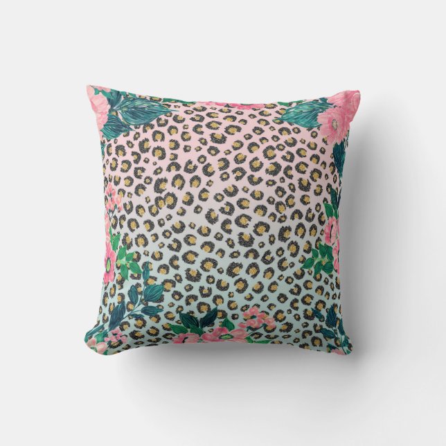 Girly Pink Mint Ombre Floral Glitter Leopard Print Cushion (Front)