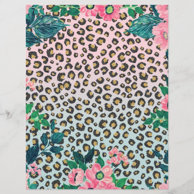 Girly Pink Mint Ombre Floral Glitter Leopard Print Custom Letterhead (Front)