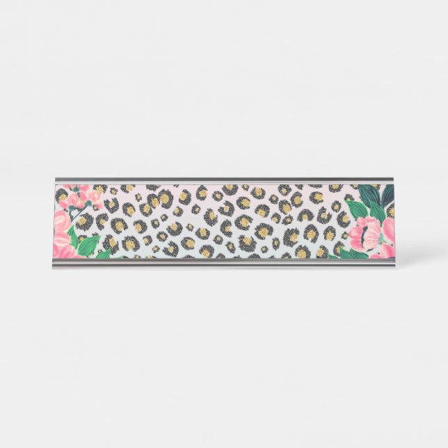 Girly Pink Mint Ombre Floral Glitter Leopard Print Desk Name Plate (Front)