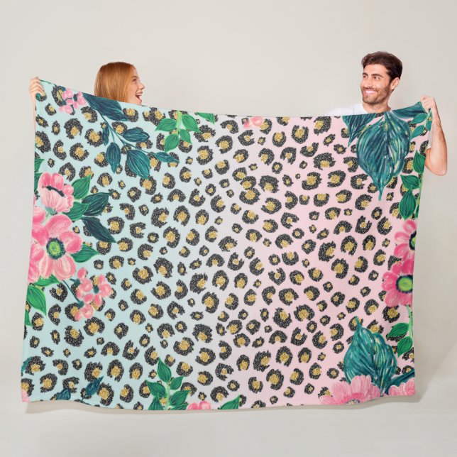 Girly Pink Mint Ombre Floral Glitter Leopard Print Fleece Blanket (In Situ)