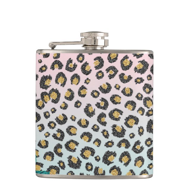 Girly Pink Mint Ombre Floral Glitter Leopard Print Hip Flask (Front)