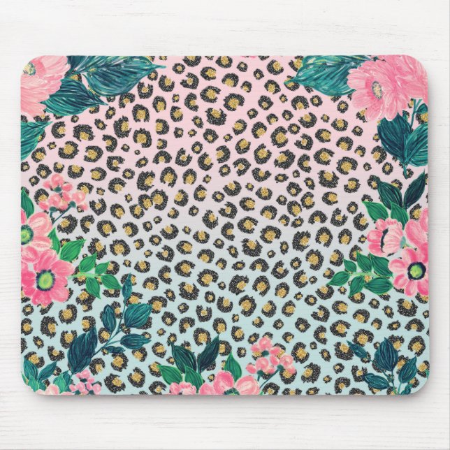 Girly Pink Mint Ombre Floral Glitter Leopard Print Mouse Mat (Front)