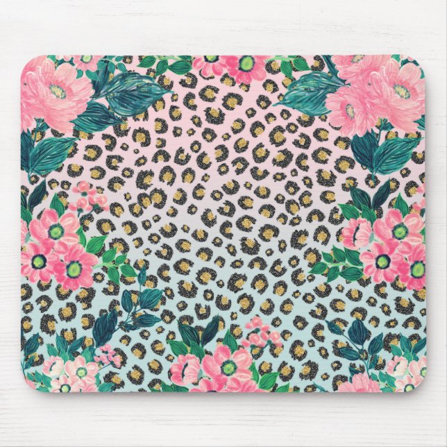 Girly Pink Mint Ombre Floral Glitter Leopard Print Mouse Mat (Front)