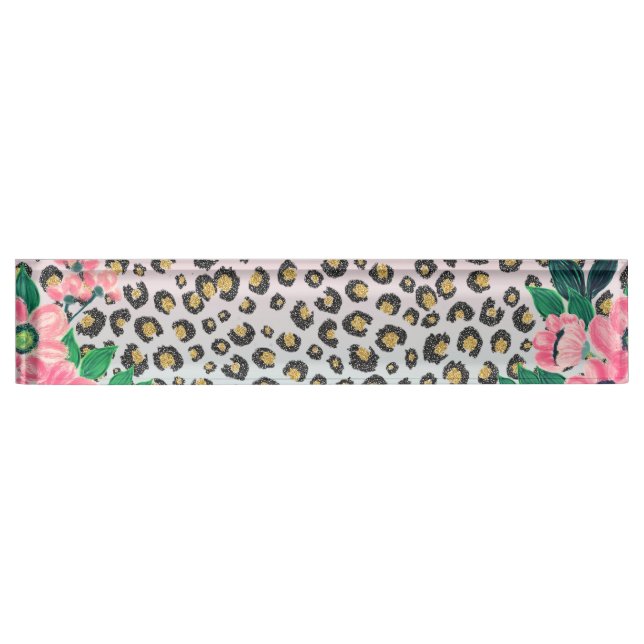 Girly Pink Mint Ombre Floral Glitter Leopard Print Nameplate (Front)