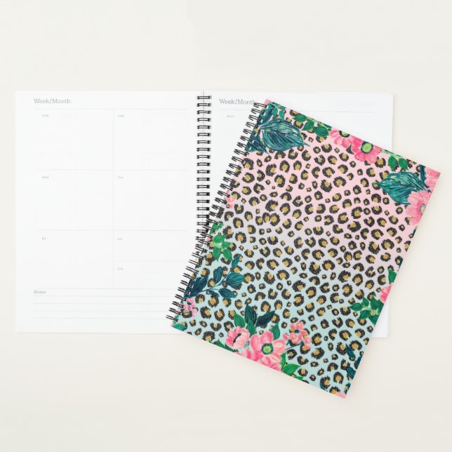 Girly Pink Mint Ombre Floral Glitter Leopard Print Planner (Display)