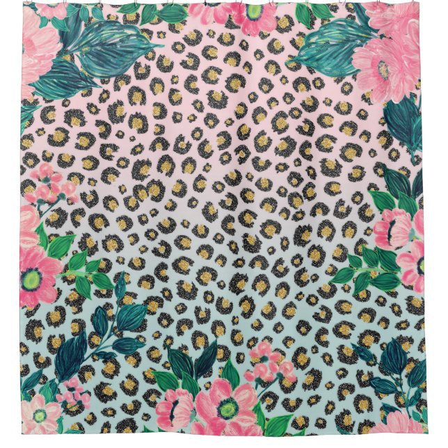 Girly Pink Mint Ombre Floral Glitter Leopard Print Shower Curtain (Front)