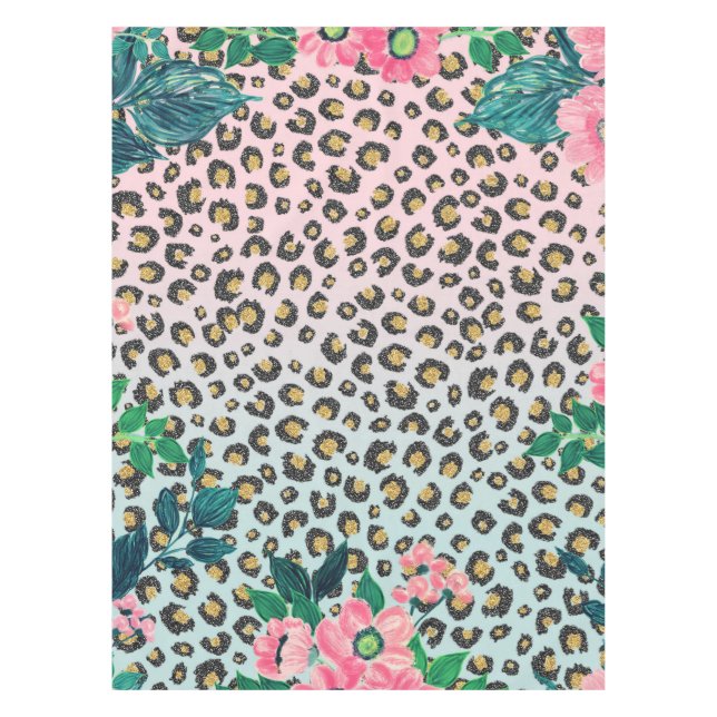 Girly Pink Mint Ombre Floral Glitter Leopard Print Tablecloth (Front)