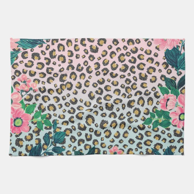 Girly Pink Mint Ombre Floral Glitter Leopard Print Tea Towel (Horizontal)