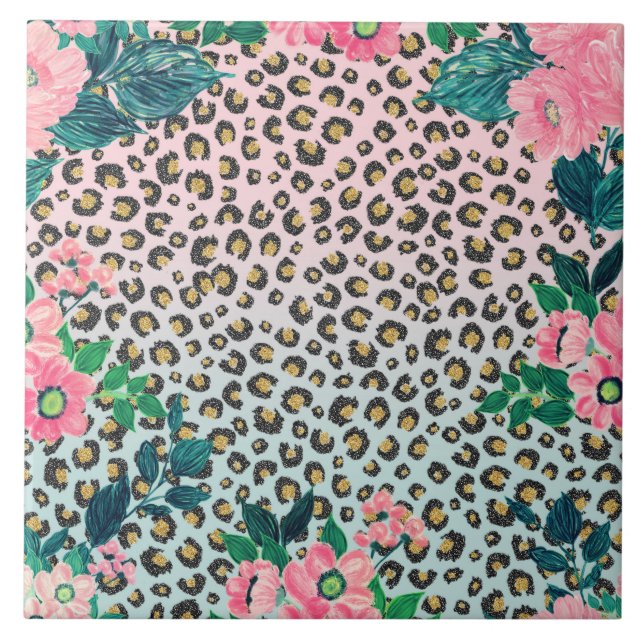 Girly Pink Mint Ombre Floral Glitter Leopard Print Tile (Front)