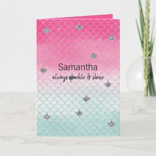 Girly Pink Mint Silver Glitter Mermaid Card