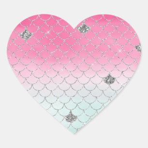 Girly Pink Mint Silver Glitter Mermaid Heart Sticker