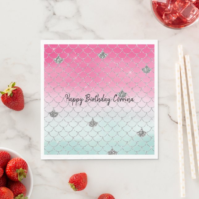 Girly Pink Mint Silver Glitter Mermaid Napkin (Insitu)