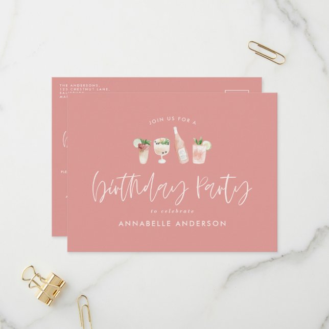 Girly pink modern cocktail stylish birthday party invitation postcard (Front/Back In Situ)