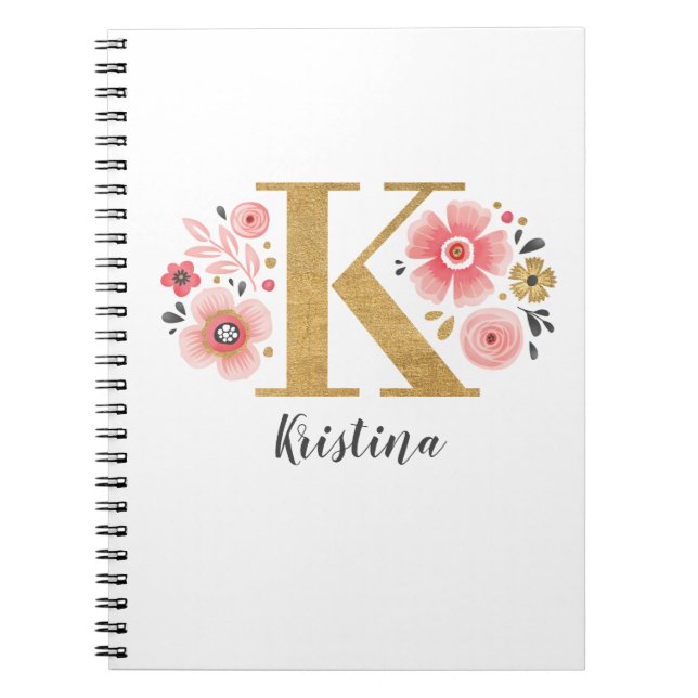 Girly Pink Monogram Floral Letter K Notebook (Front)