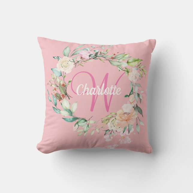 Girly Pink Monogram Initial Sweet Summer Roses Cushion (Front)