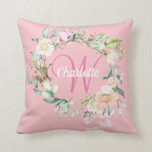 Girly Pink Monogram Initial Sweet Summer Roses Cushion