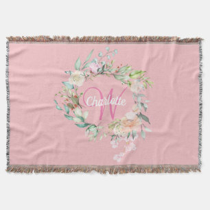 Girly Pink Monogram Script Initial Summer Roses Throw Blanket