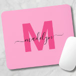 Girly Pink Monogram Script Name Mouse Mat<br><div class="desc">Personalised Girly Pink Script Initial Monogram Mouse Pad. Add a pop of fun and feminine charm to your workspace with this chic mouse pad. Featuring a bright, happy pink background with a bold magenta hot pink initial and a sleek black script name, this design is perfect for any girly girl....</div>