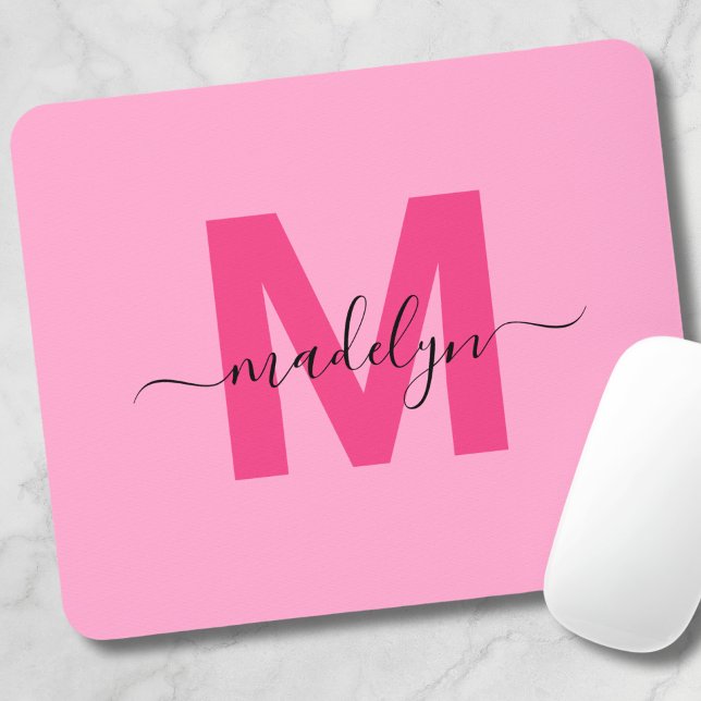 Girly Pink Monogram Script Name Mouse Mat (Girly Pink Monogram Script Name Mouse Pad)
