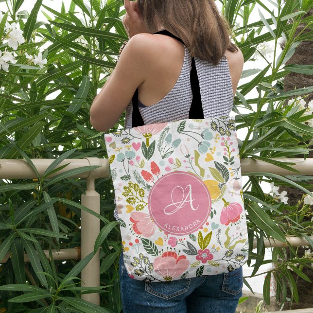 Girly pink monogrammed floral tote bag (Creator Uploaded)