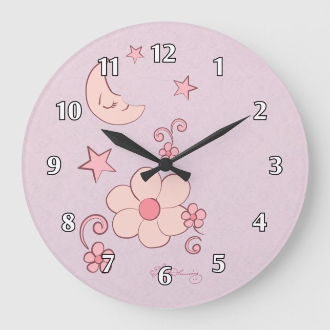 Girly Pink Moon And Stars Large Clock (Front)