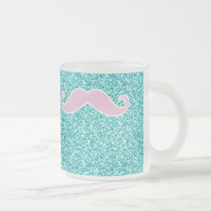 GIRLY PINK MUSTACHE ON TEAL GLITTER EFFECT FROSTED GLASS COFFEE MUG