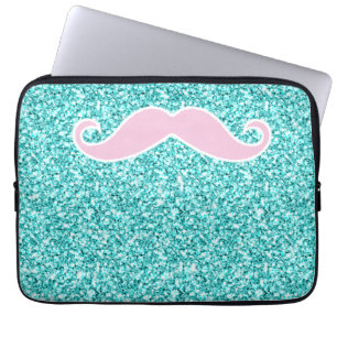 GIRLY PINK MUSTACHE ON TEAL GLITTER EFFECT LAPTOP SLEEVE