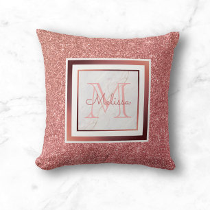 Girly Pink Name Monogram Rose Gold Glitter Cushion