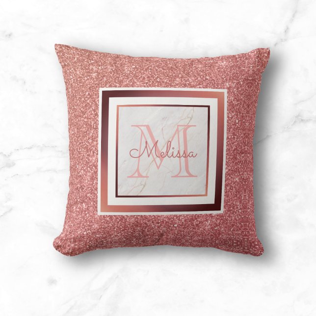 Girly Pink Name Monogram Rose Gold Glitter Cushion (Creator Uploaded)