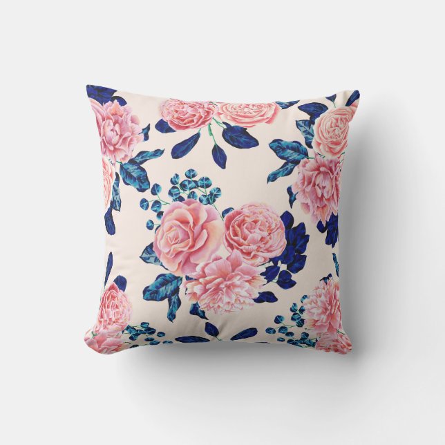 Girly Pink Navy Blue Country Painted Flowers Cushion (Front)