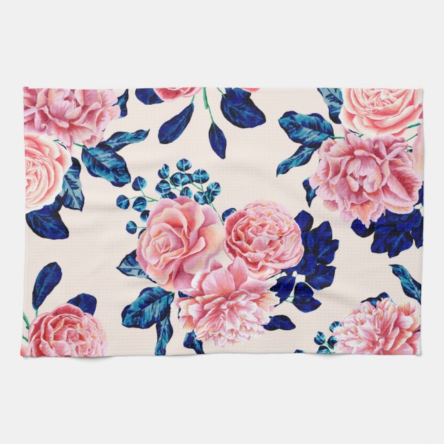 Girly Pink Navy Blue Country Painted Flowers Tea Towel (Horizontal)